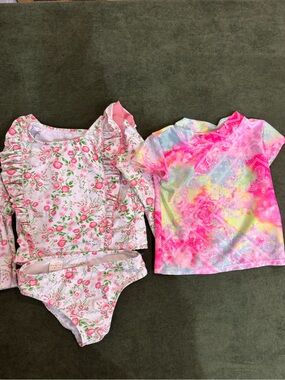 Cynthia Rowley Pink Floral Ruffle One-Piece & Neon Tie-Dye Rash Guard